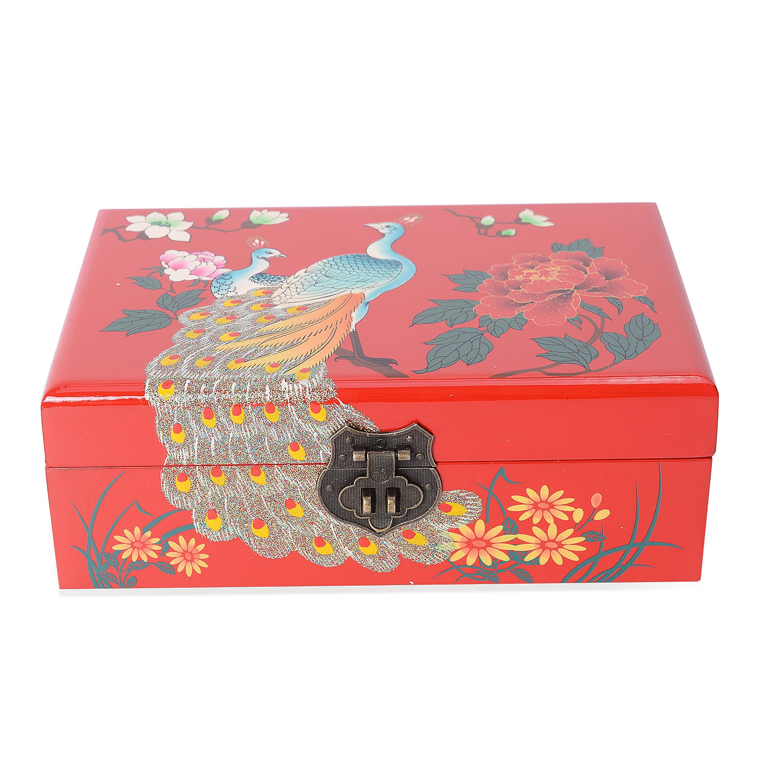 2 - Layer Peacock Pattern Jewellery Box with Inside Mirror and Removable Tray (Size 21x14x7.5 Cm) - Red