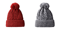 2 Pack - Chunky Cable Knit Beanie Hat with Faux Fur Pom-Pom - Red and Grey