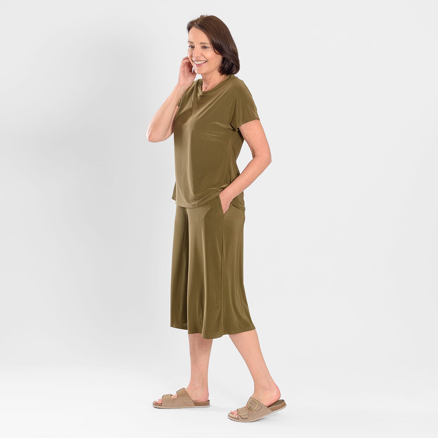 Firenzaa 2 Piece Set with Stretchable Jersey top and Long Shorts(Size L) - Khaki