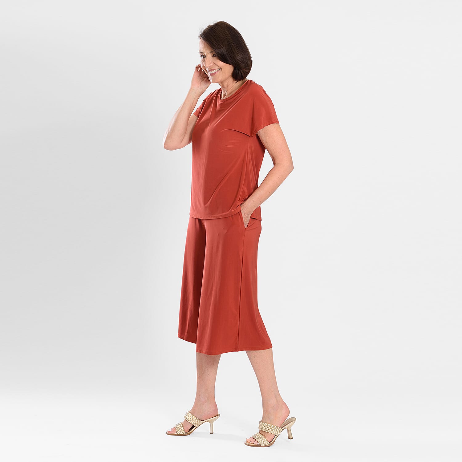 Firenzaa 2 Piece Set with Stretchable Jersey top and Long Shorts(Size L) - Amber