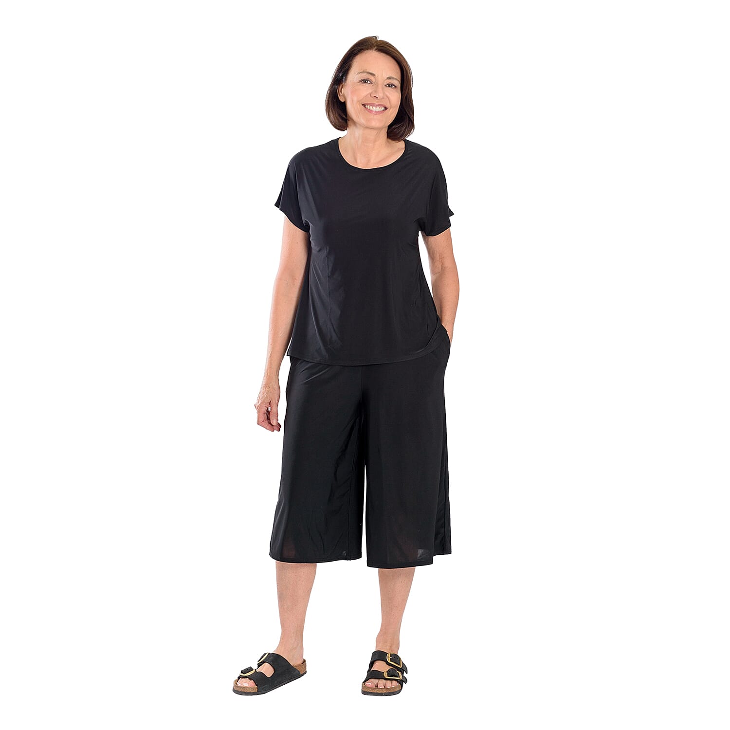 Firenzaa 2 Piece Set with Stretchable Jersey top and Long Shorts(Size M) - Black