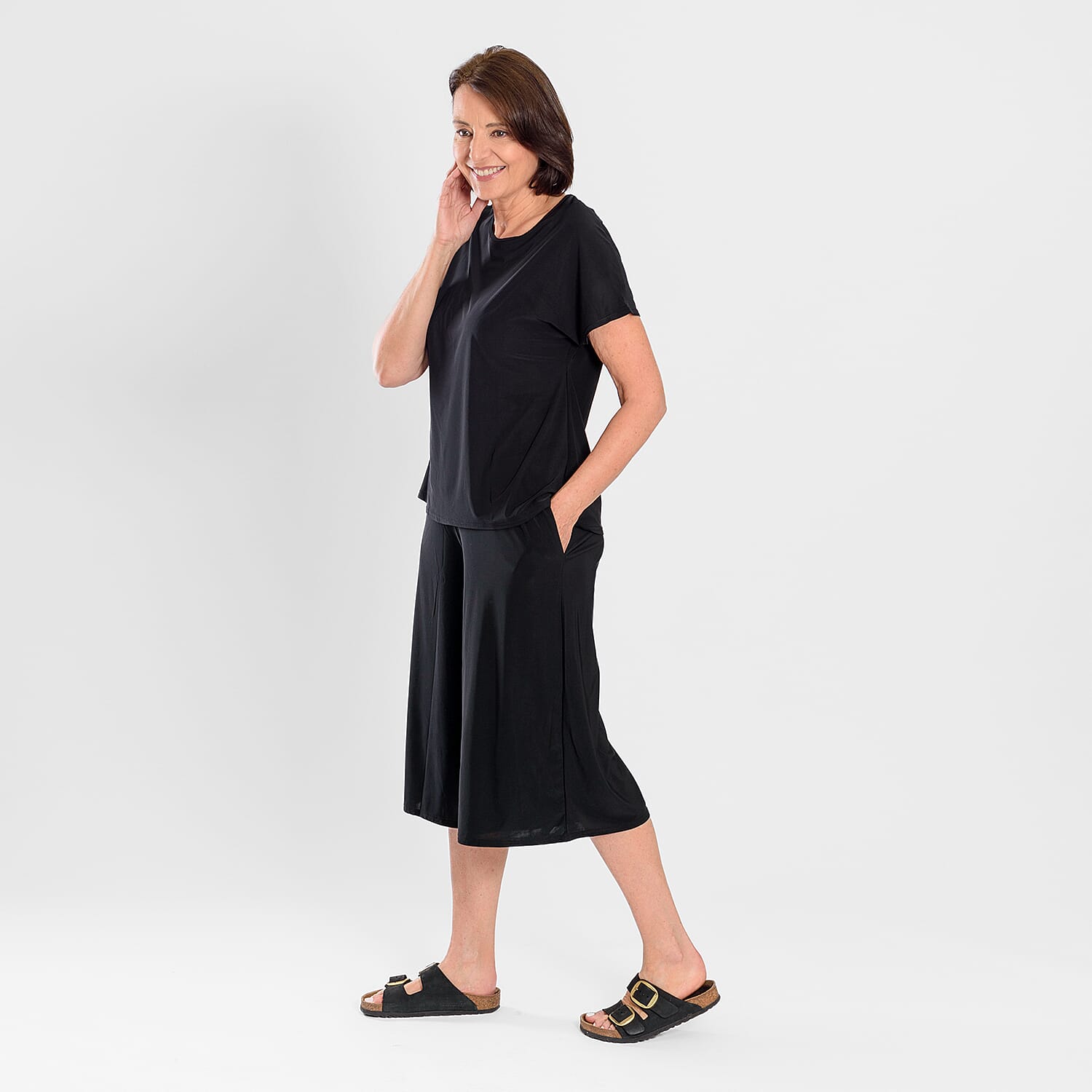 Firenzaa 2 Piece Set with Stretchable Jersey top and Long Shorts(Size M) - Black