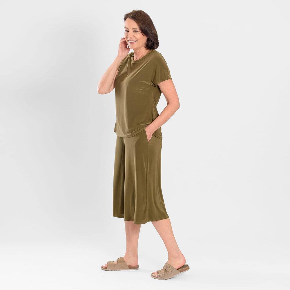 Firenzaa 2 Piece Set with Stretchable Jersey top and Long Shorts(Size M) - Khaki