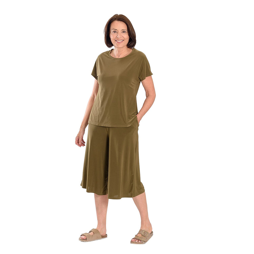 Firenzaa 2 Piece Set with Stretchable Jersey top and Long Shorts(Size S) - Khaki