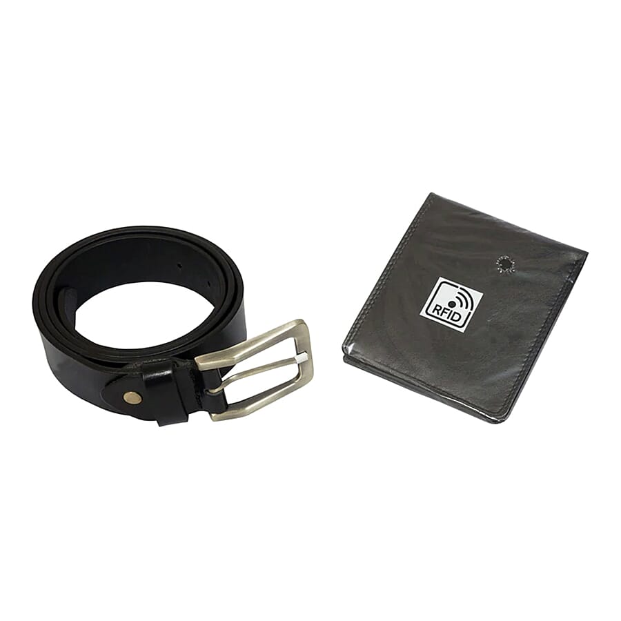 2 Piece Set - ASSOTS LONDON Mens 100% Genuine Leather Belt and RFID Wallet (Size- M, 29-33inch) - Black