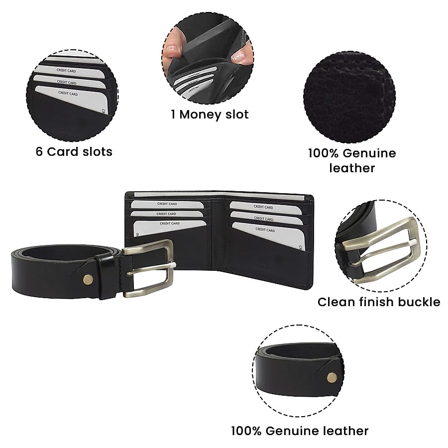 2 Piece Set - ASSOTS LONDON Mens 100% Genuine Leather Belt and RFID Wallet (Size- M, 29-33inch) - Black