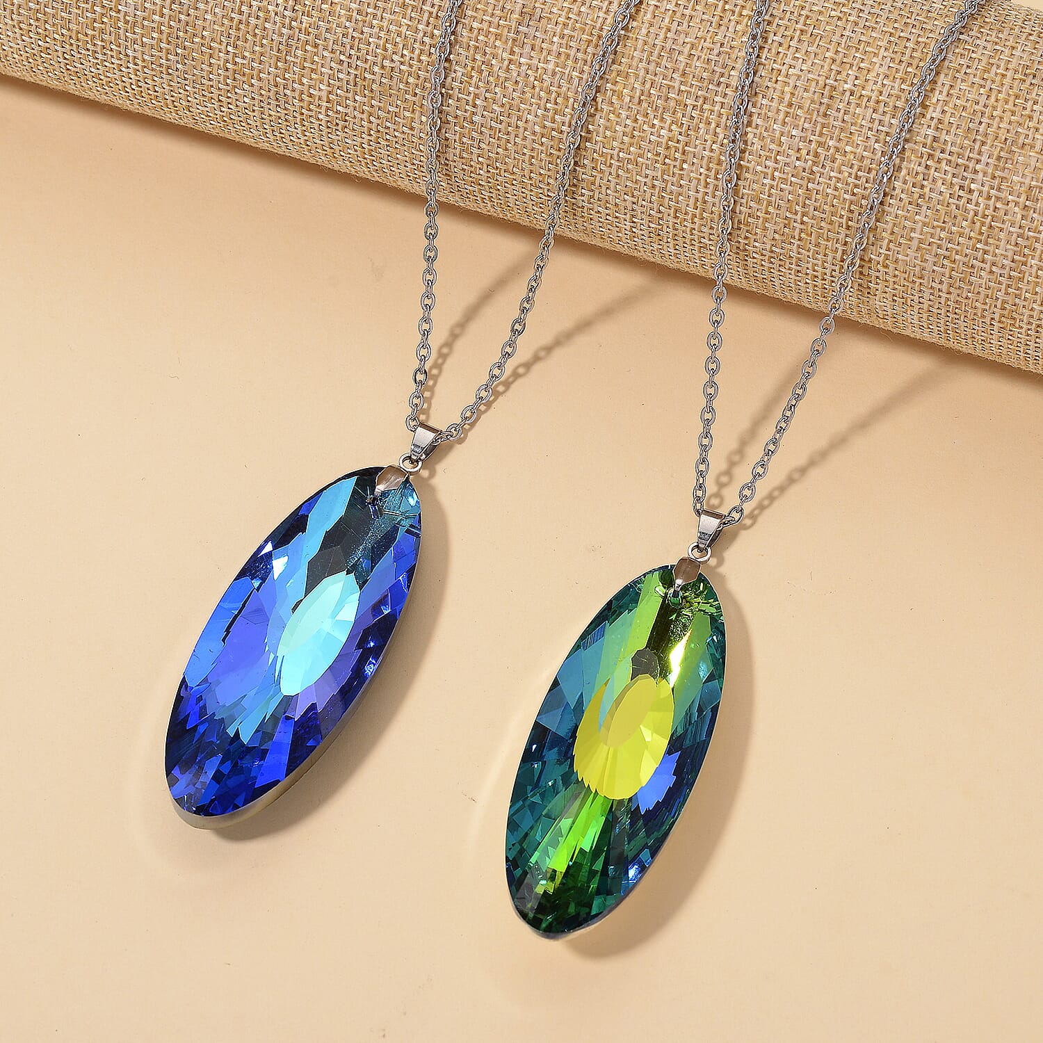 2 Piece Set -  Green Crystal Pendant with Chain (Size 24) Stainless Steel  4.020  Ct.