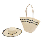 2 Piece Set - Handbag with Matching Hat Glittering Braided Stripe Pattern Tote Bag and Zipper Closure - Beige