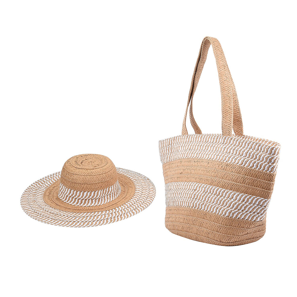 2 Piece Set - Handbag with Matching Hat Stripe Pattern Tote Bag and Zipper Closure - Beige & Khaki