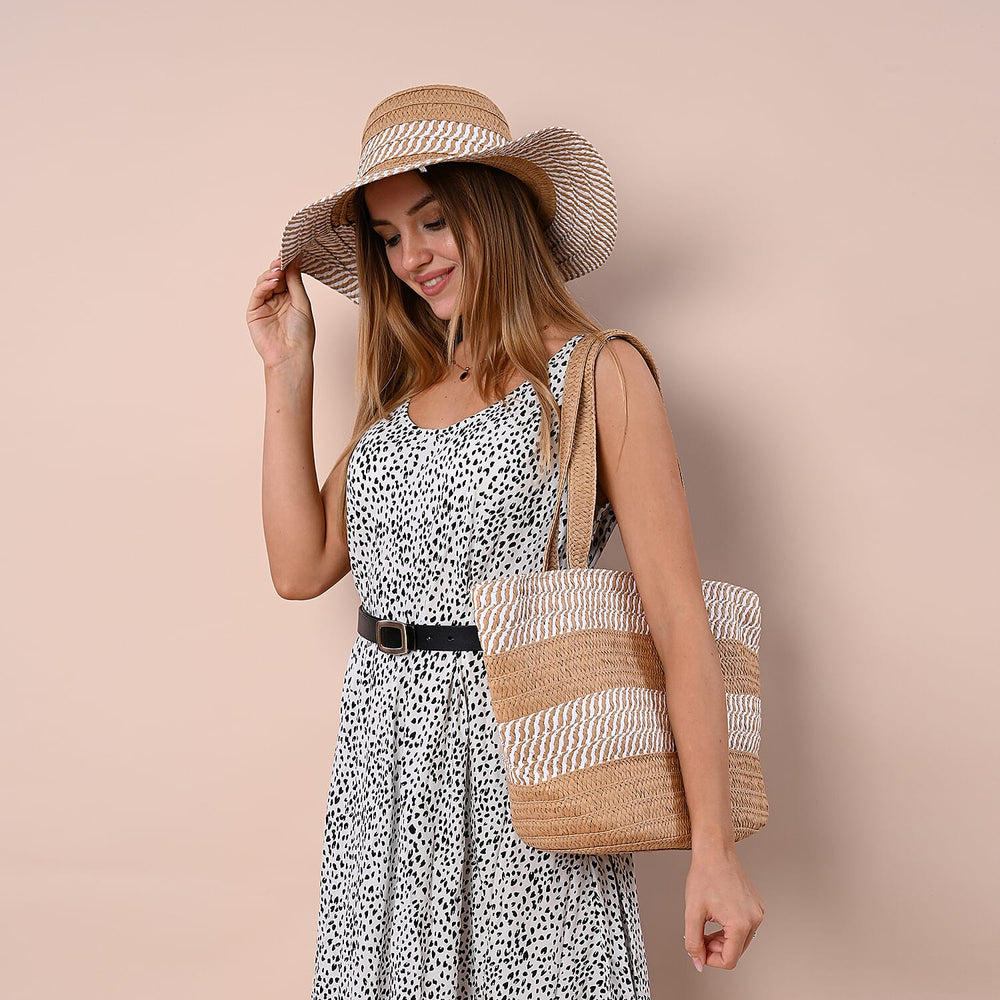 2 Piece Set - Handbag with Matching Hat Stripe Pattern Tote Bag and Zipper Closure - Beige & Khaki