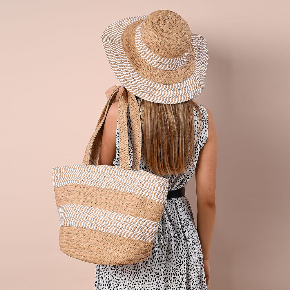 2 Piece Set - Handbag with Matching Hat Stripe Pattern Tote Bag and Zipper Closure - Beige & Khaki