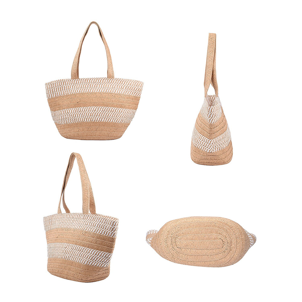 2 Piece Set - Handbag with Matching Hat Stripe Pattern Tote Bag and Zipper Closure - Beige & Khaki
