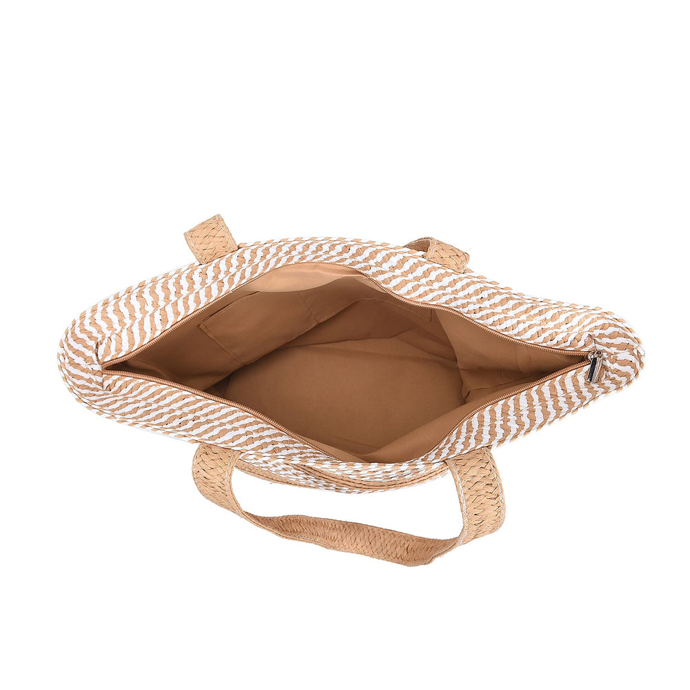 2 Piece Set - Handbag with Matching Hat Stripe Pattern Tote Bag and Zipper Closure - Beige & Khaki