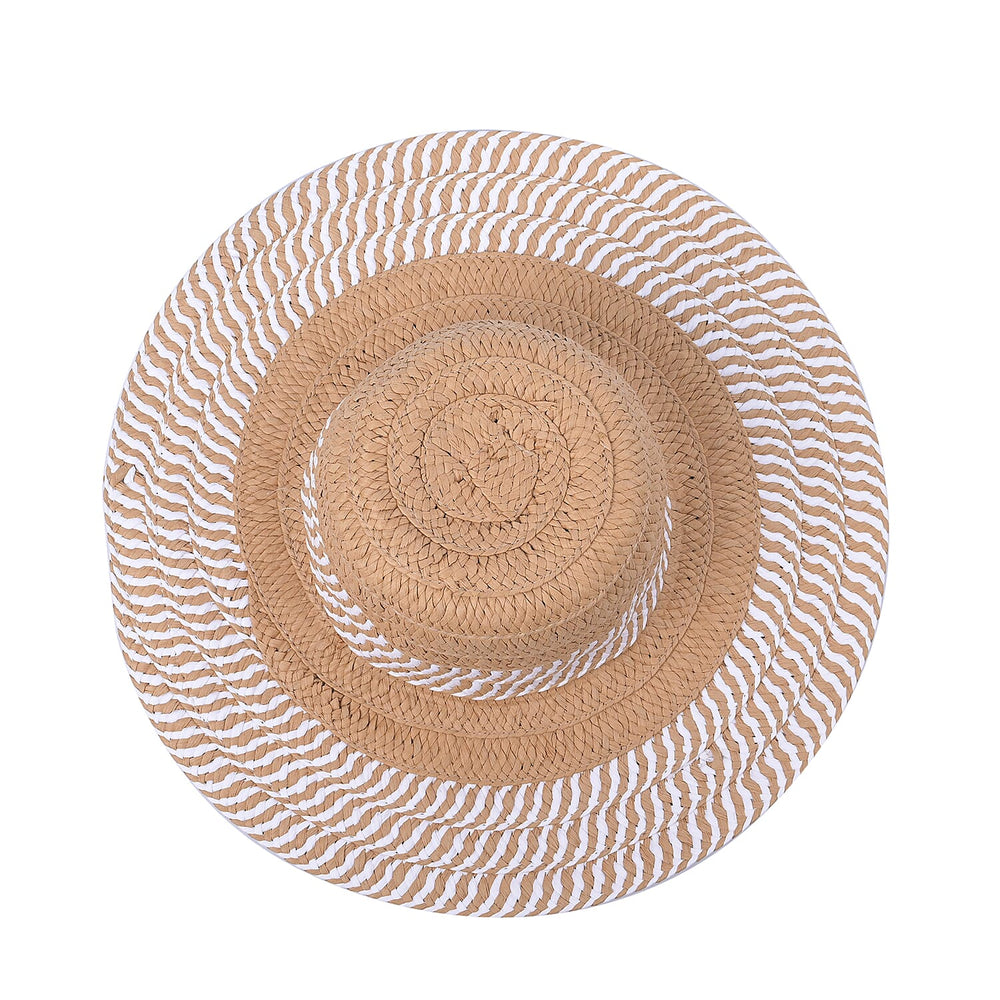 2 Piece Set - Handbag with Matching Hat Stripe Pattern Tote Bag and Zipper Closure - Beige & Khaki