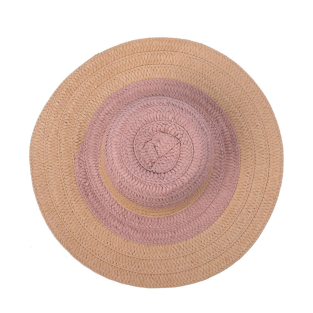 2 Piece Set - Handbag with Matching Hat Stripe Pattern Tote Bag and Zipper Closure - Pink & Khaki