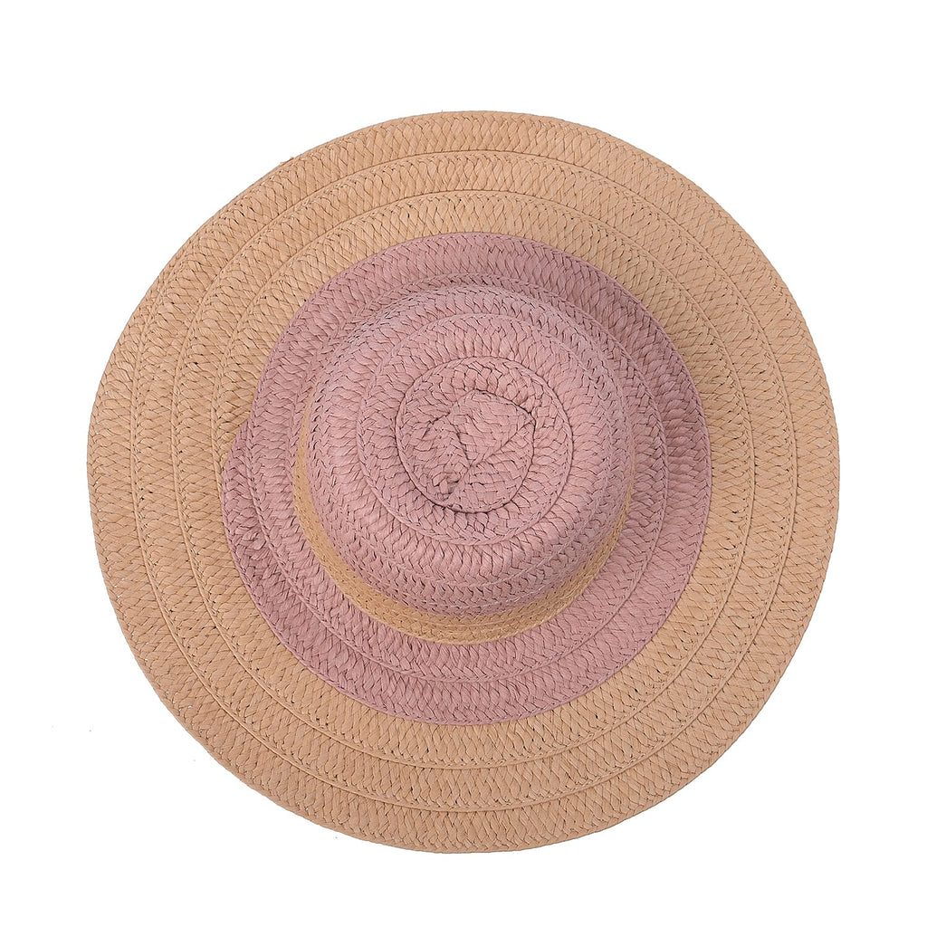 2 Piece Set - Handbag with Matching Hat Stripe Pattern Tote Bag and Zipper Closure - Pink & Khaki
