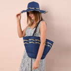 2 Piece Set - Handbag with Matching Hat Tote Bag and Zipper Closure - Blue