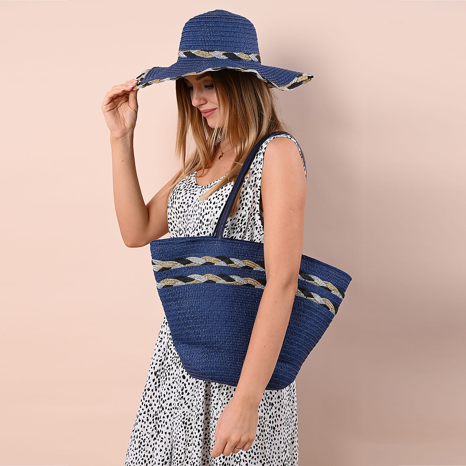 2 Piece Set - Handbag with Matching Hat Tote Bag and Zipper Closure - Blue