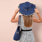 2 Piece Set - Handbag with Matching Hat Tote Bag and Zipper Closure - Blue