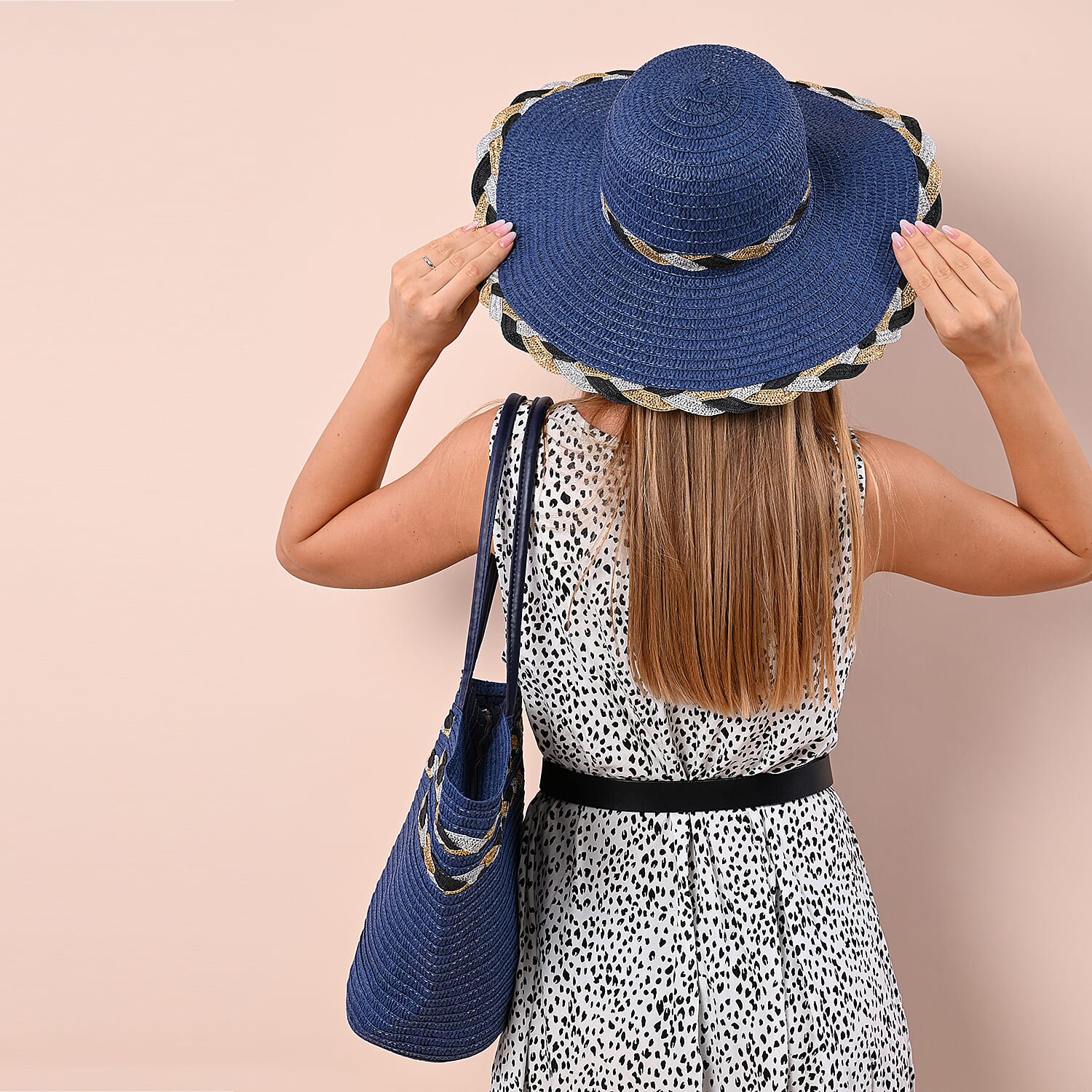 2 Piece Set - Handbag with Matching Hat Tote Bag and Zipper Closure - Blue