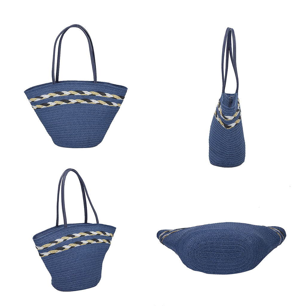 2 Piece Set - Handbag with Matching Hat Tote Bag and Zipper Closure - Blue