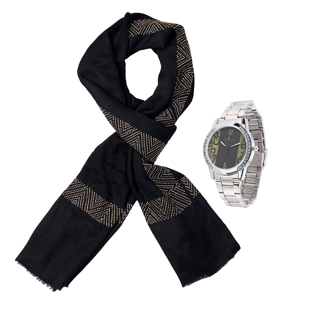2 Piece Set - Merino Wool - Silk Scarf (200x60) and Watch in a Gift Box - Black