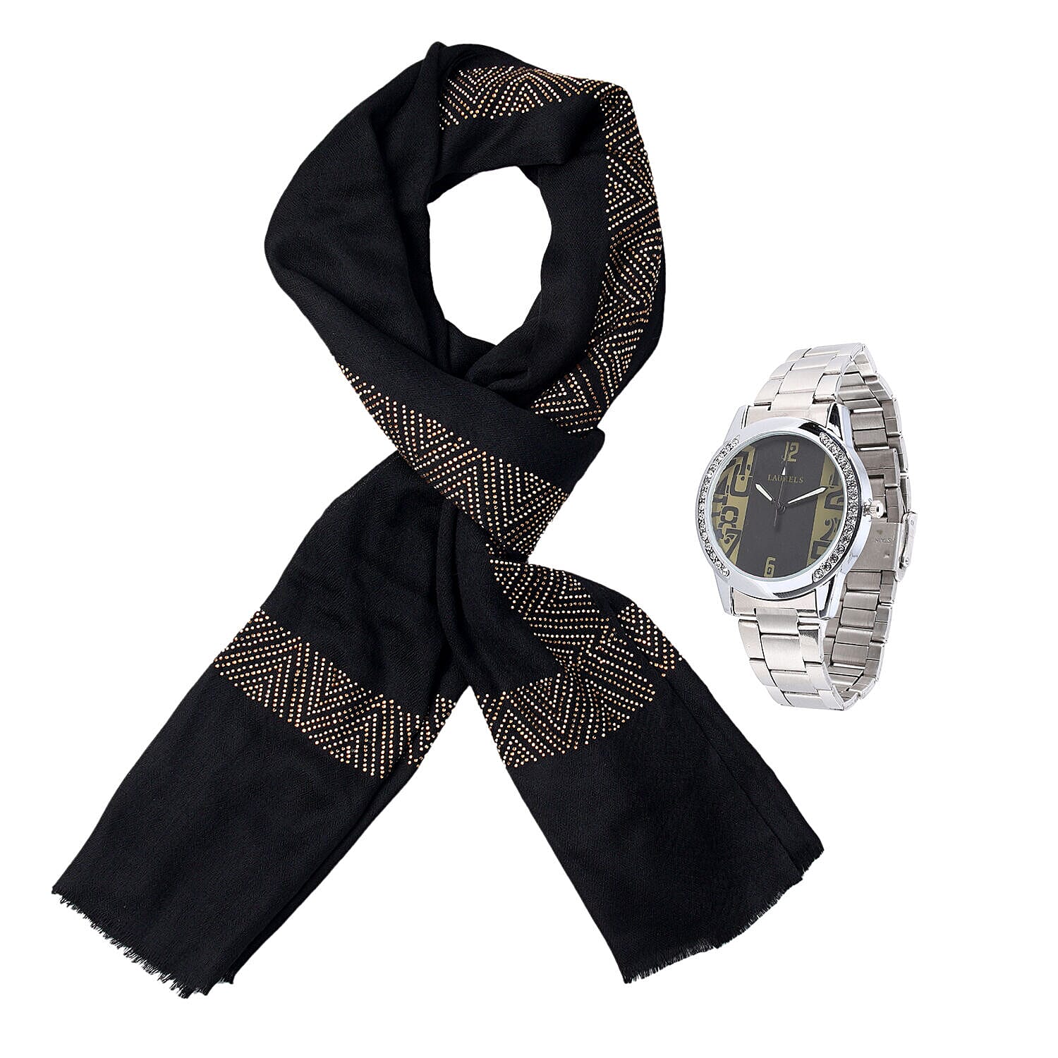 2 Piece Set - Merino Wool - Silk Scarf (200x60) and Watch in a Gift Box - Black