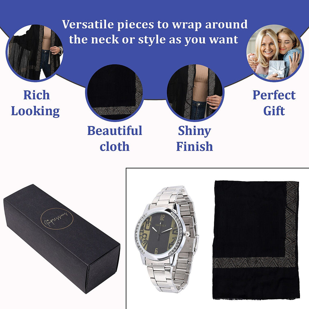2 Piece Set - Merino Wool - Silk Scarf (200x60) and Watch in a Gift Box - Black