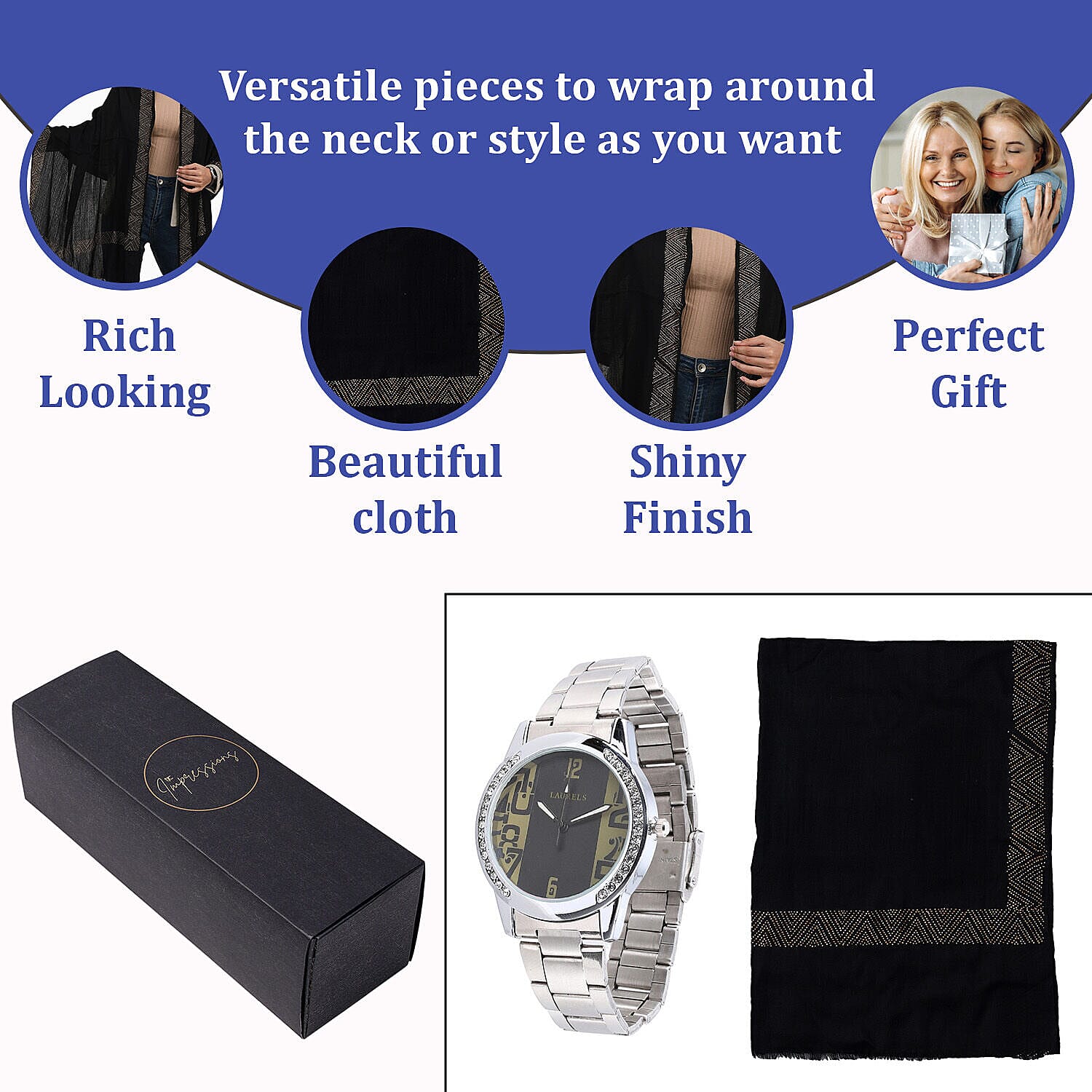 2 Piece Set - Merino Wool - Silk Scarf (200x60) and Watch in a Gift Box - Black