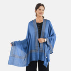 2 Piece Set - Merino Wool Scarf with SIlk Embroidery (200x60) and Rhinestone Wrist Watch in a Gift Box - Blue