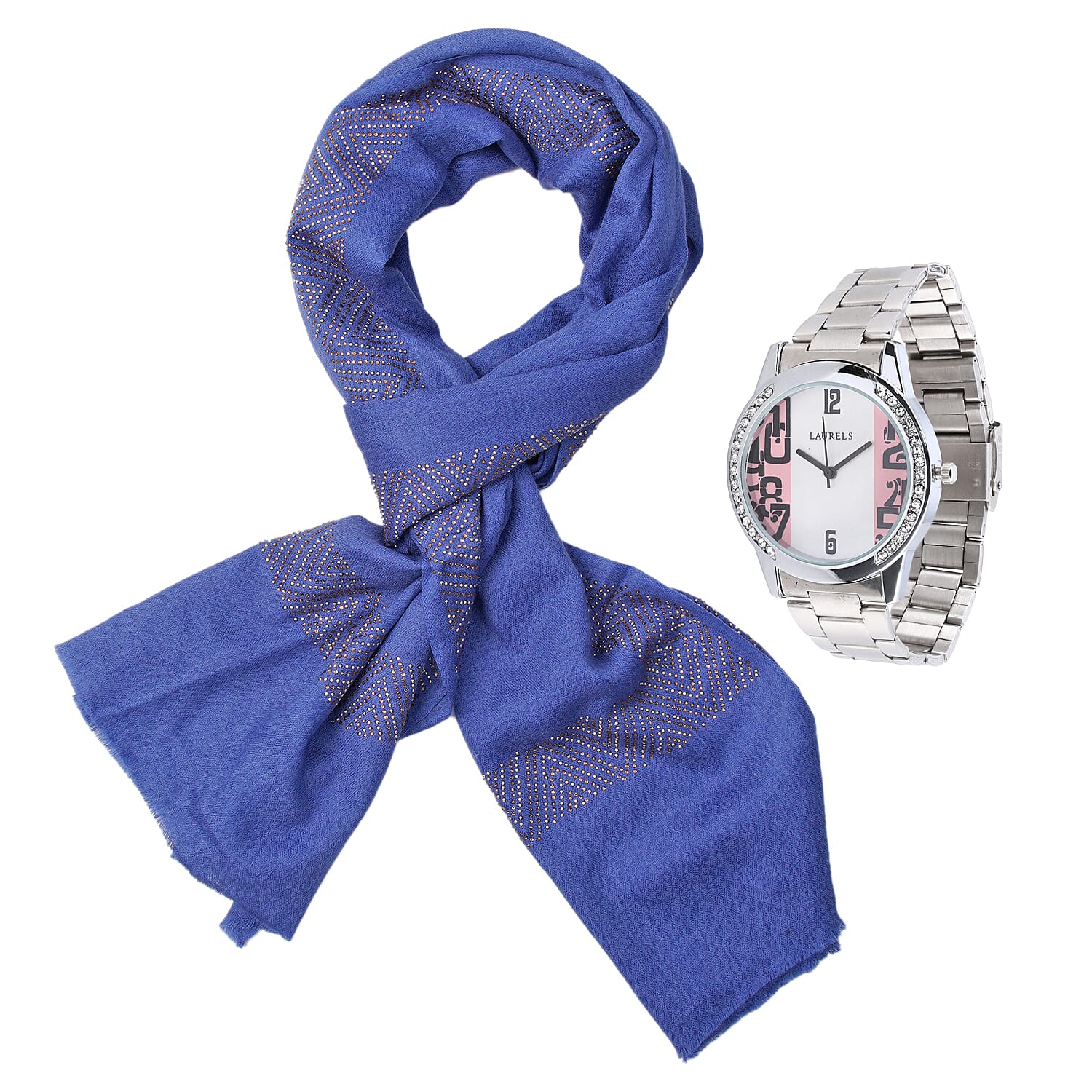 2 Piece Set - Merino Wool Scarf with SIlk Embroidery (200x60) and Rhinestone Wrist Watch