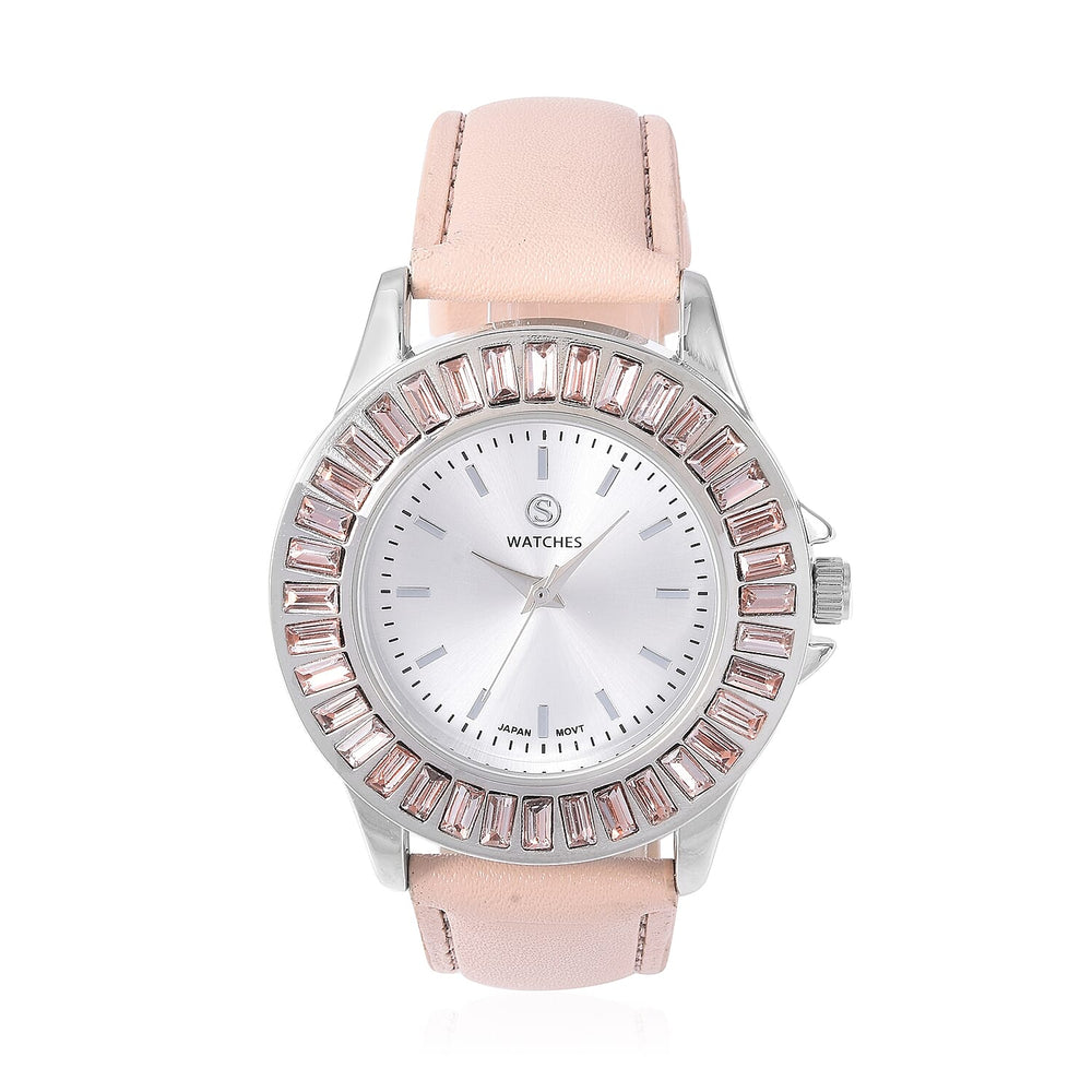 2 Piece Set - STRADA Japanese Movement Water Resistant Simulated Champagne Diamond Studded Watch with Peach Colour Strap and Necklace (Size 24)