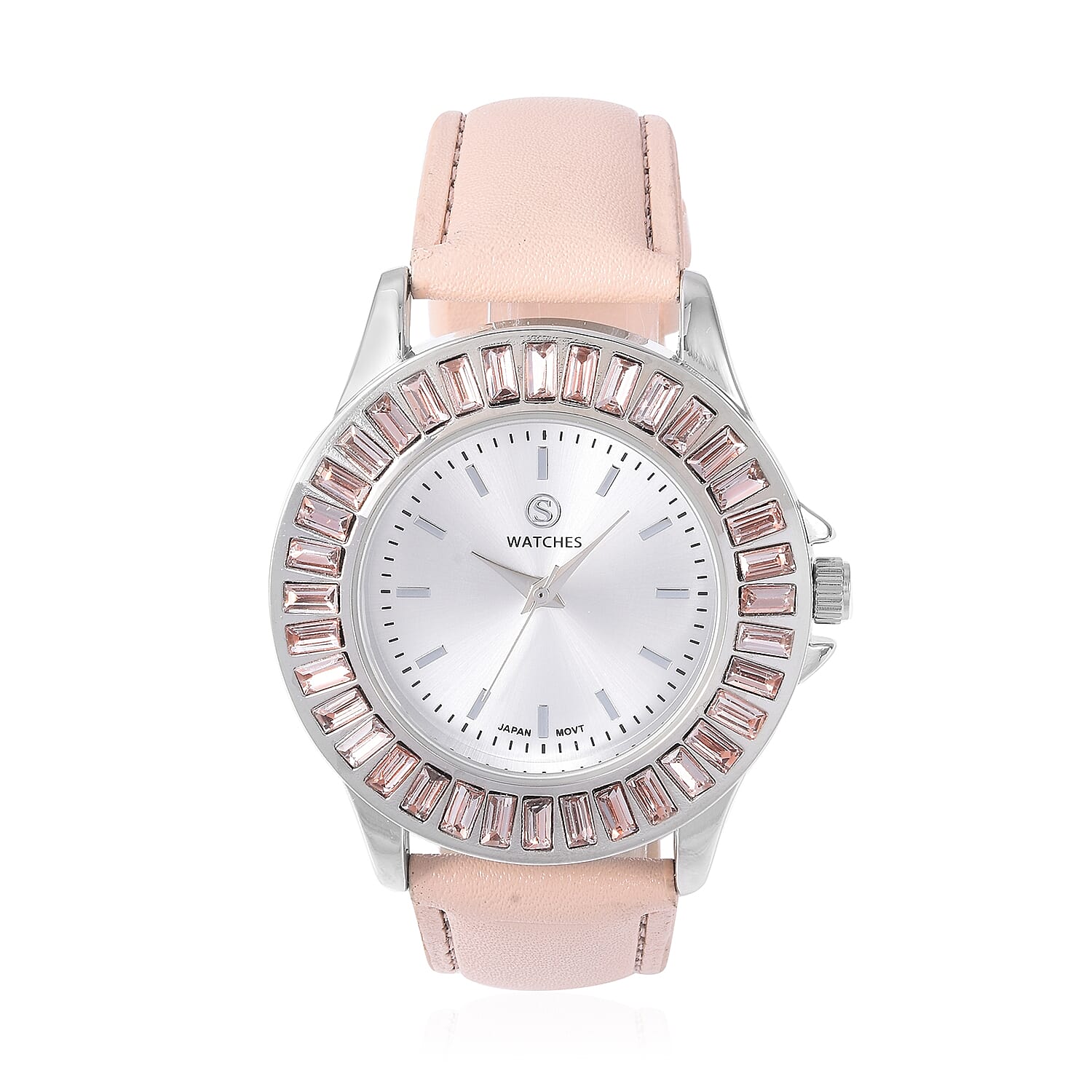 2 Piece Set - STRADA Japanese Movement Water Resistant Simulated Champagne Diamond Studded Watch with Peach Colour Strap and Necklace (Size 24)
