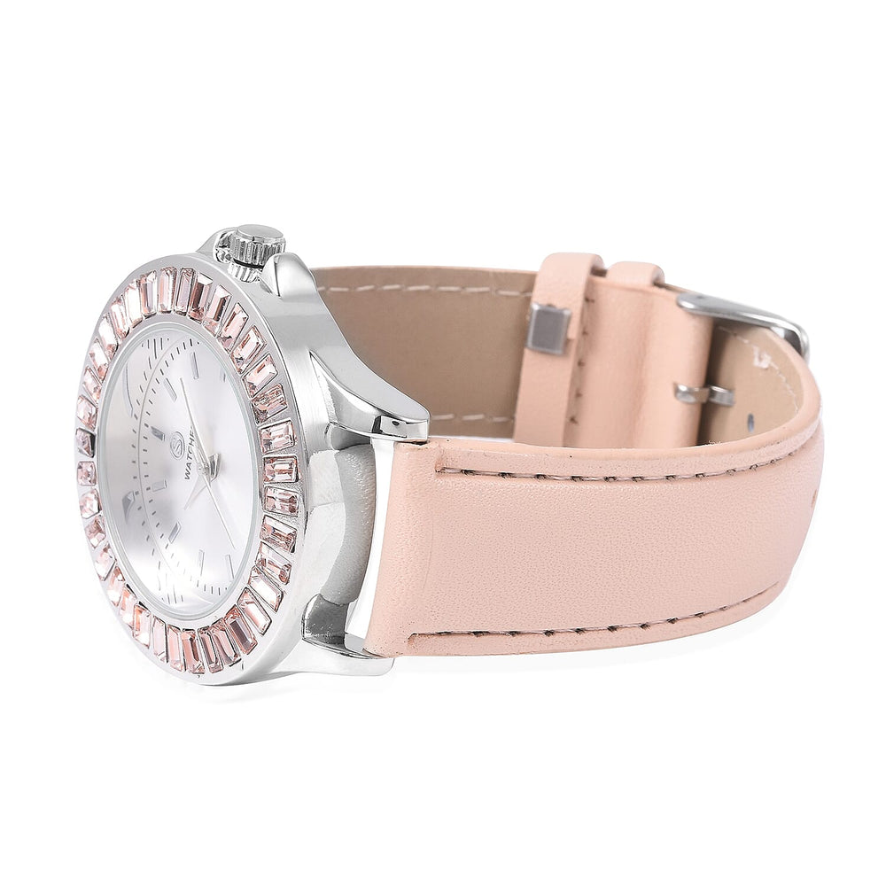 2 Piece Set - STRADA Japanese Movement Water Resistant Simulated Champagne Diamond Studded Watch with Peach Colour Strap and Necklace (Size 24)