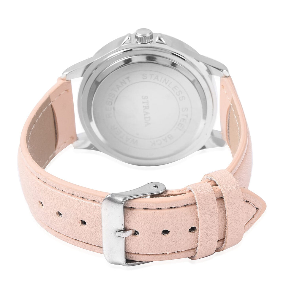 2 Piece Set - STRADA Japanese Movement Water Resistant Simulated Champagne Diamond Studded Watch with Peach Colour Strap and Necklace (Size 24)