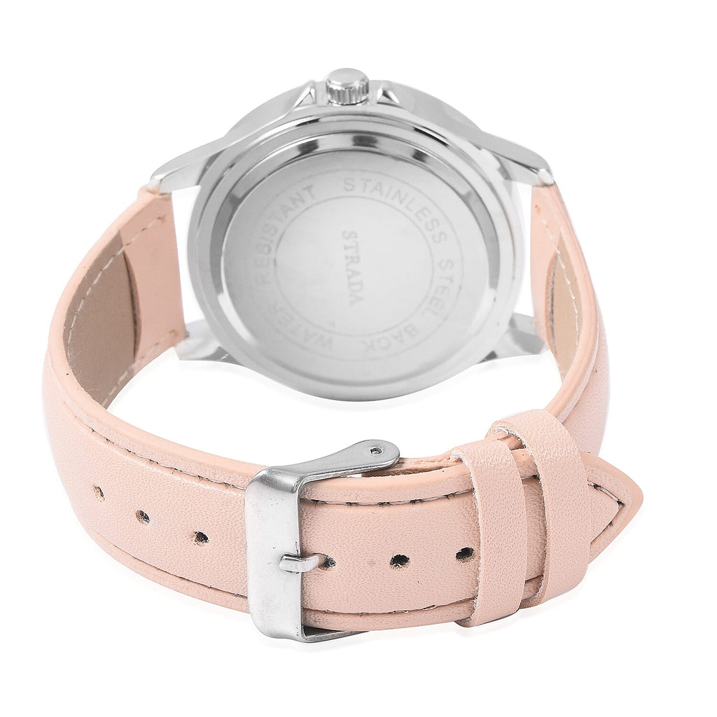 2 Piece Set - STRADA Japanese Movement Water Resistant Simulated Champagne Diamond Studded Watch with Peach Colour Strap and Necklace (Size 24)