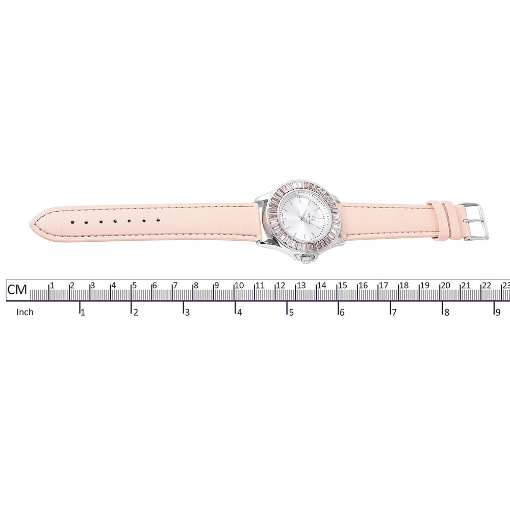 2 Piece Set - STRADA Japanese Movement Water Resistant Simulated Champagne Diamond Studded Watch with Peach Colour Strap and Necklace (Size 24)