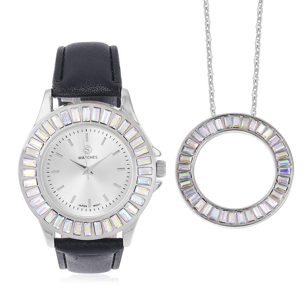 2 Piece Set - STRADA Japanese Movement Water Resistant Simulated Mercury Mystic Topaz Studded Watch with Black Strap and Necklace (Size 24)