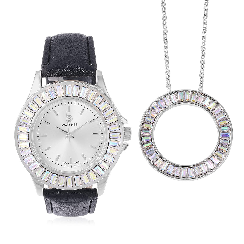 2 Piece Set - STRADA Japanese Movement Water Resistant Simulated Mercury Mystic Topaz Studded Watch with Black Strap and Necklace (Size 24)