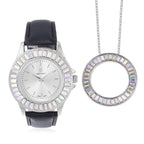 2 Piece Set - STRADA Japanese Movement Water Resistant Simulated Mercury Mystic Topaz Studded Watch with Black Strap and Necklace (Size 24)