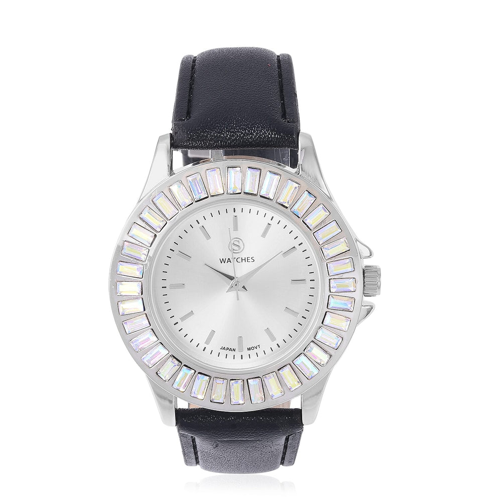 2 Piece Set - STRADA Japanese Movement Water Resistant Simulated Mercury Mystic Topaz Studded Watch with Black Strap and Necklace (Size 24)