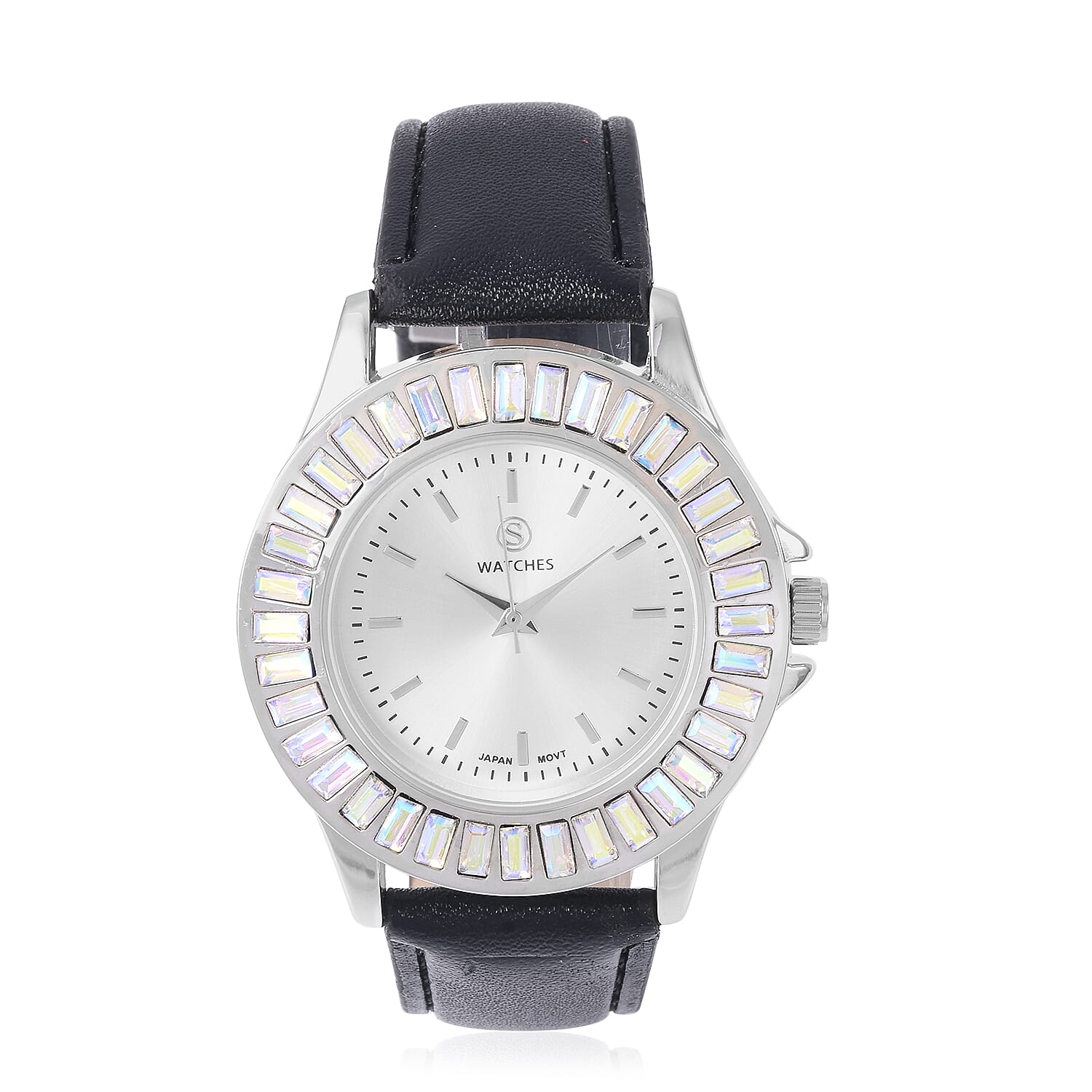 2 Piece Set - STRADA Japanese Movement Water Resistant Simulated Mercury Mystic Topaz Studded Watch with Black Strap and Necklace (Size 24)