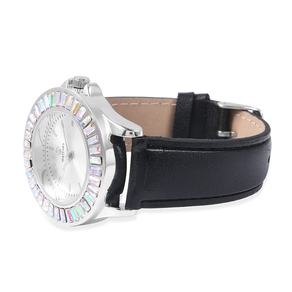2 Piece Set - STRADA Japanese Movement Water Resistant Simulated Mercury Mystic Topaz Studded Watch with Black Strap and Necklace (Size 24)