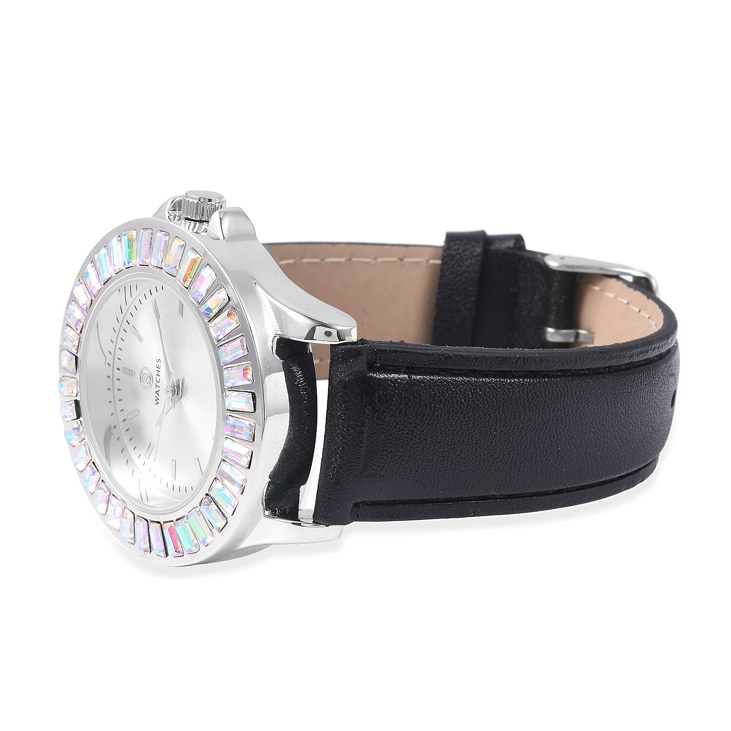 2 Piece Set - STRADA Japanese Movement Water Resistant Simulated Mercury Mystic Topaz Studded Watch with Black Strap and Necklace (Size 24)
