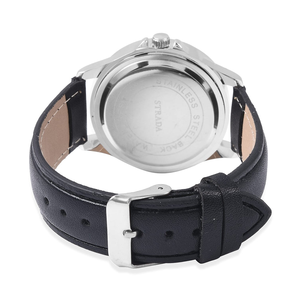 2 Piece Set - STRADA Japanese Movement Water Resistant Simulated Mercury Mystic Topaz Studded Watch with Black Strap and Necklace (Size 24)