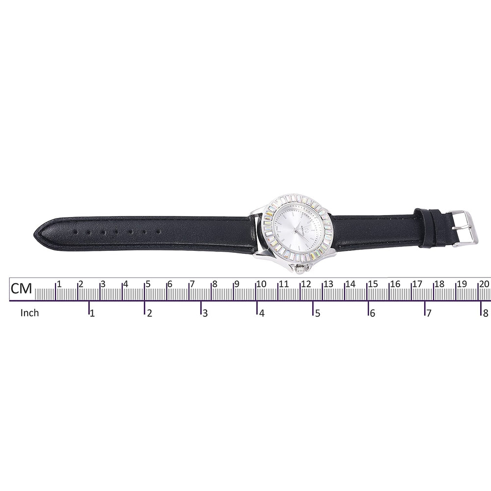 2 Piece Set - STRADA Japanese Movement Water Resistant Simulated Mercury Mystic Topaz Studded Watch with Black Strap and Necklace (Size 24)