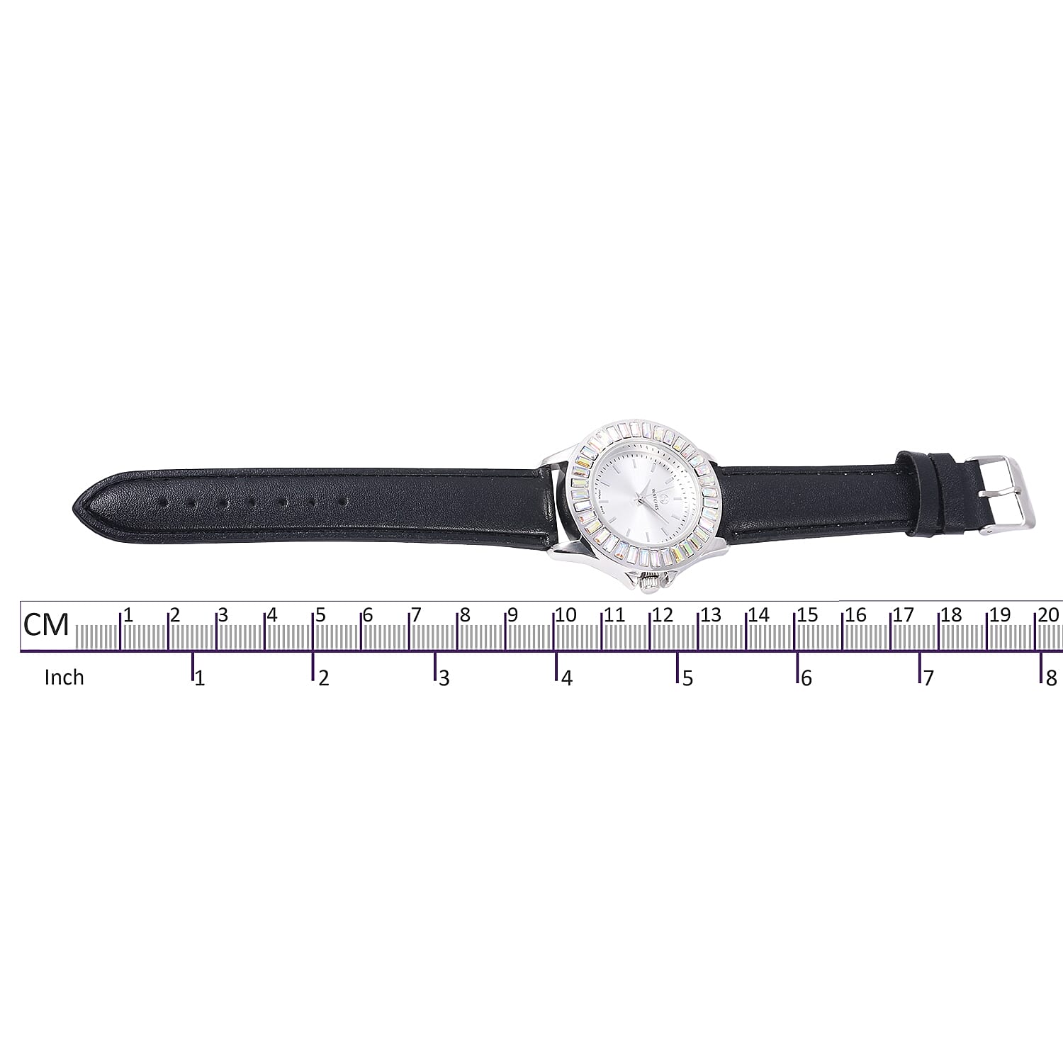 2 Piece Set - STRADA Japanese Movement Water Resistant Simulated Mercury Mystic Topaz Studded Watch with Black Strap and Necklace (Size 24)