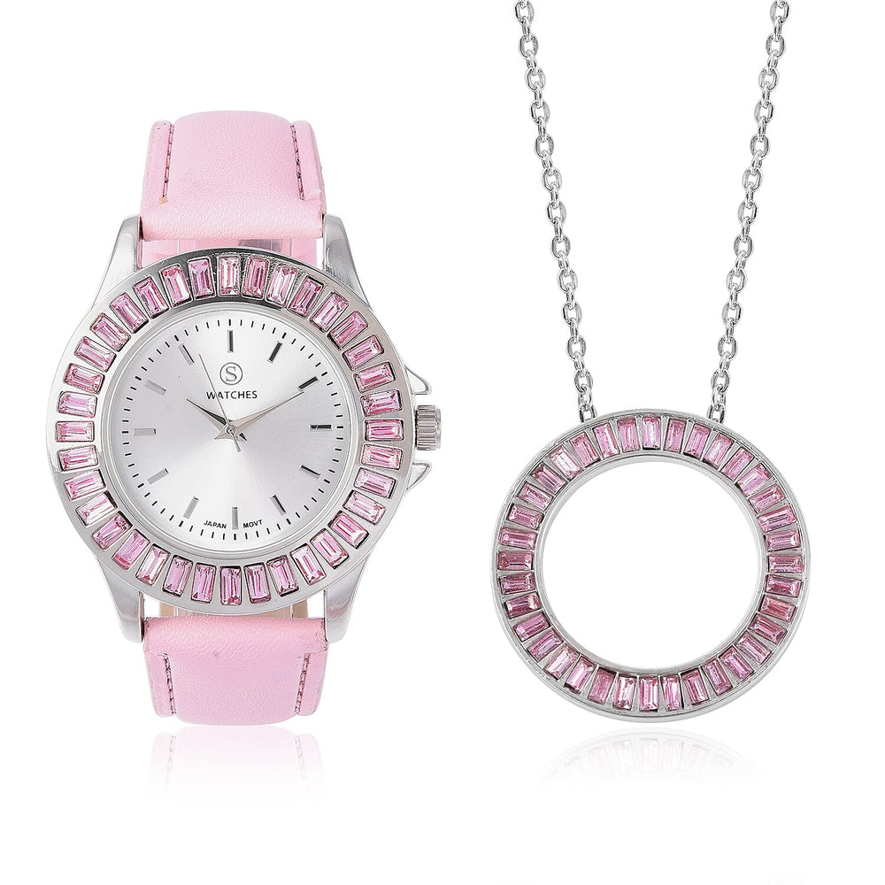 2 Piece Set - STRADA Japanese Movement Water Resistant Simulated Pink Diamond Studded Watch with Pink Strap and Necklace (Size 24)