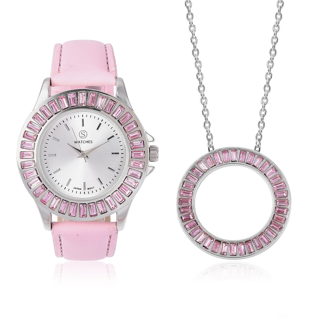 2 Piece Set - STRADA Japanese Movement Water Resistant Simulated Pink Diamond Studded Watch with Pink Strap and Necklace (Size 24)