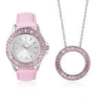2 Piece Set - STRADA Japanese Movement Water Resistant Simulated Pink Diamond Studded Watch with Pink Strap and Necklace (Size 24)